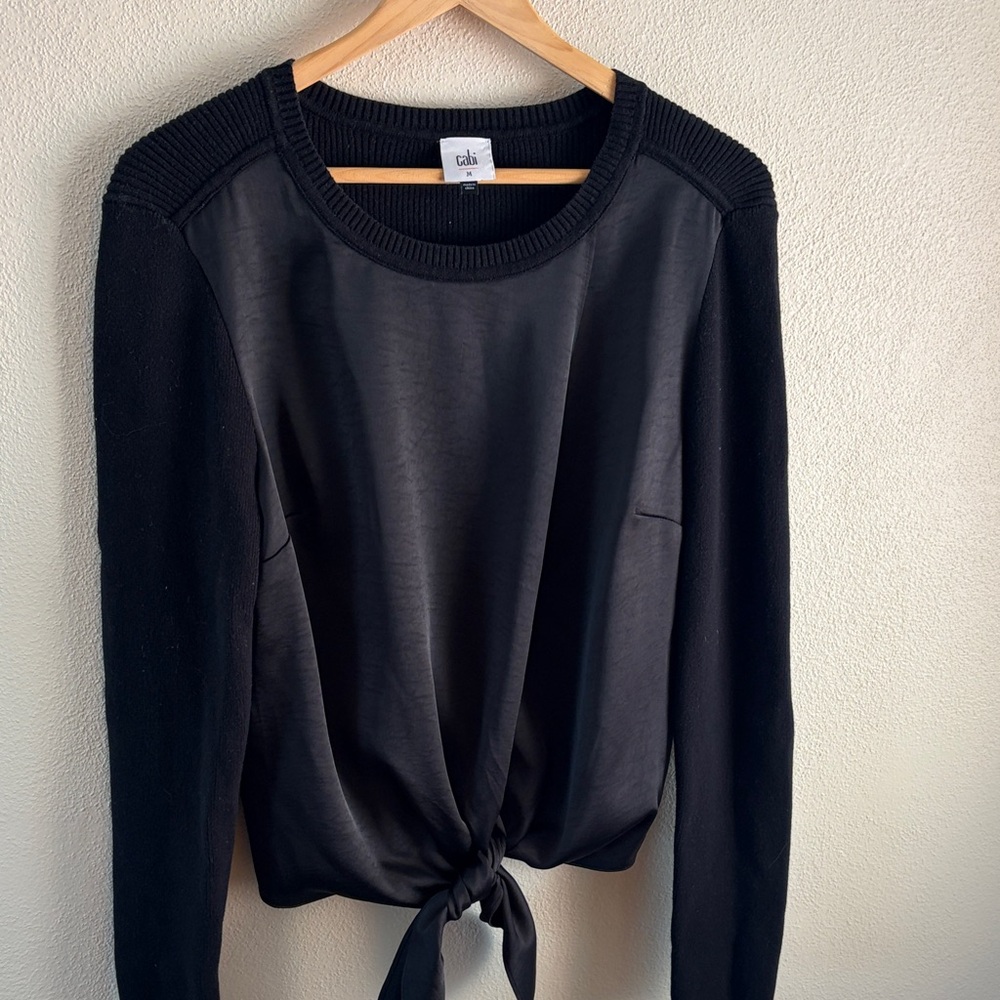 Cabi black Crosstie pullover rib knit top with long sleeves | size medium
